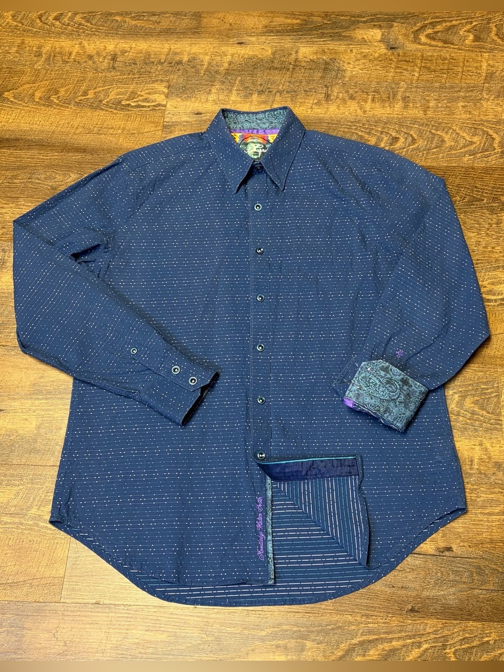 Robert Graham Shirt Mens Medium Blue Subtle Dot Paisley Flip Cuff Classic Fit